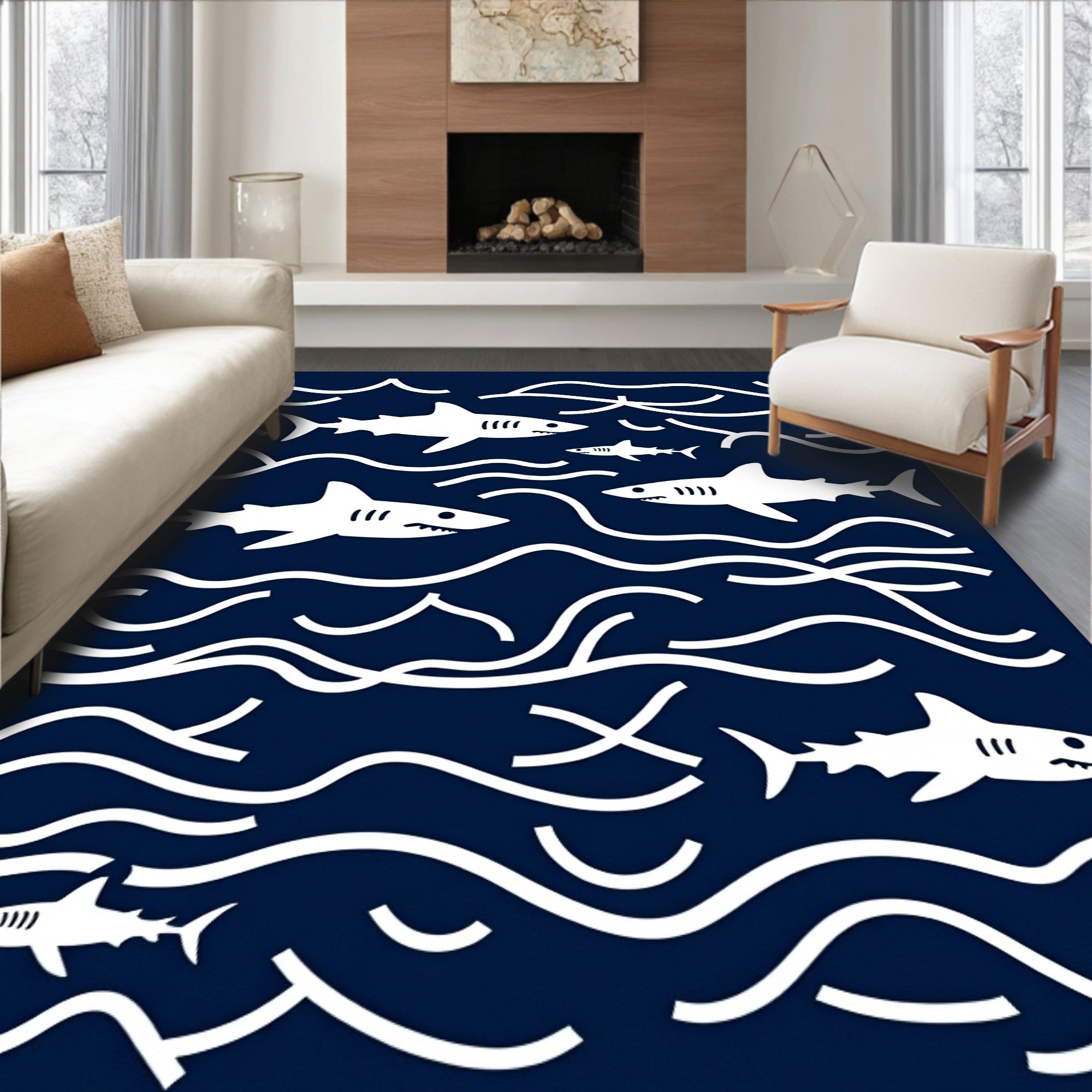 Navy Blue Shark Ocean Waves Rug