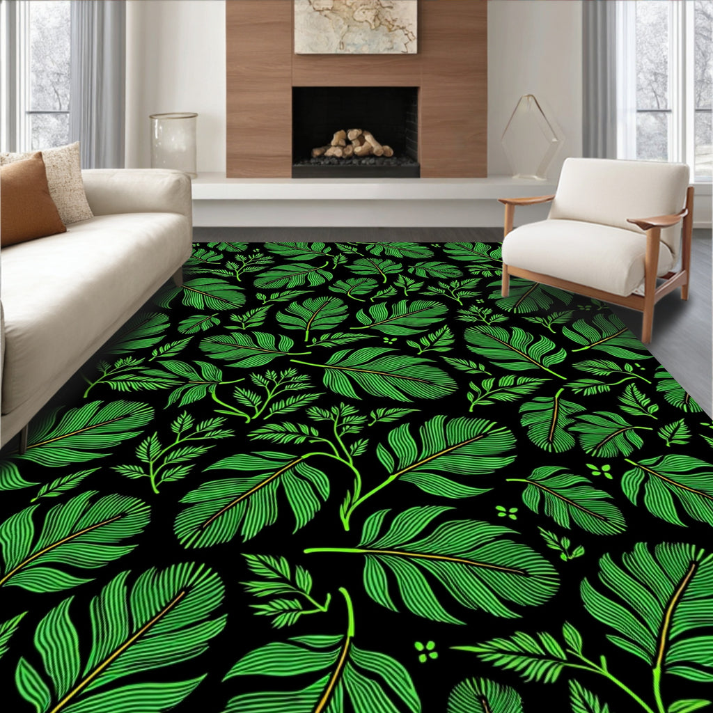 Vivid Green Feathery Flora Fabric Rug