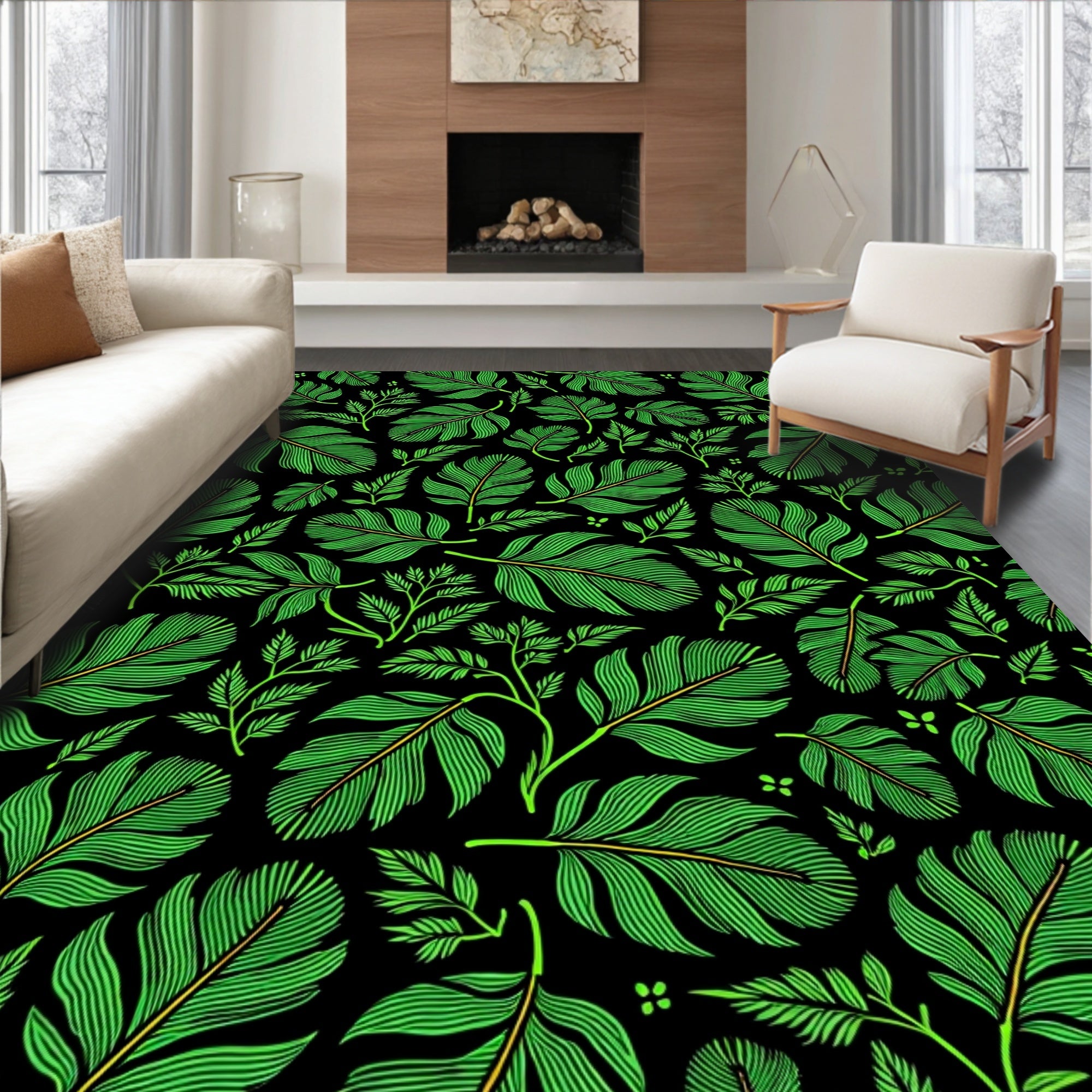 Vivid Green Feathery Flora Fabric Rug