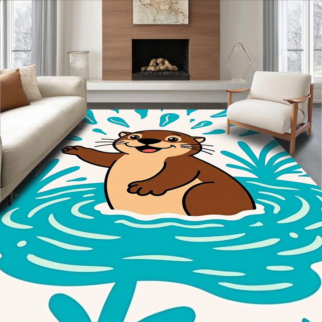 Playful Otter Splashing Water Illustration Rug