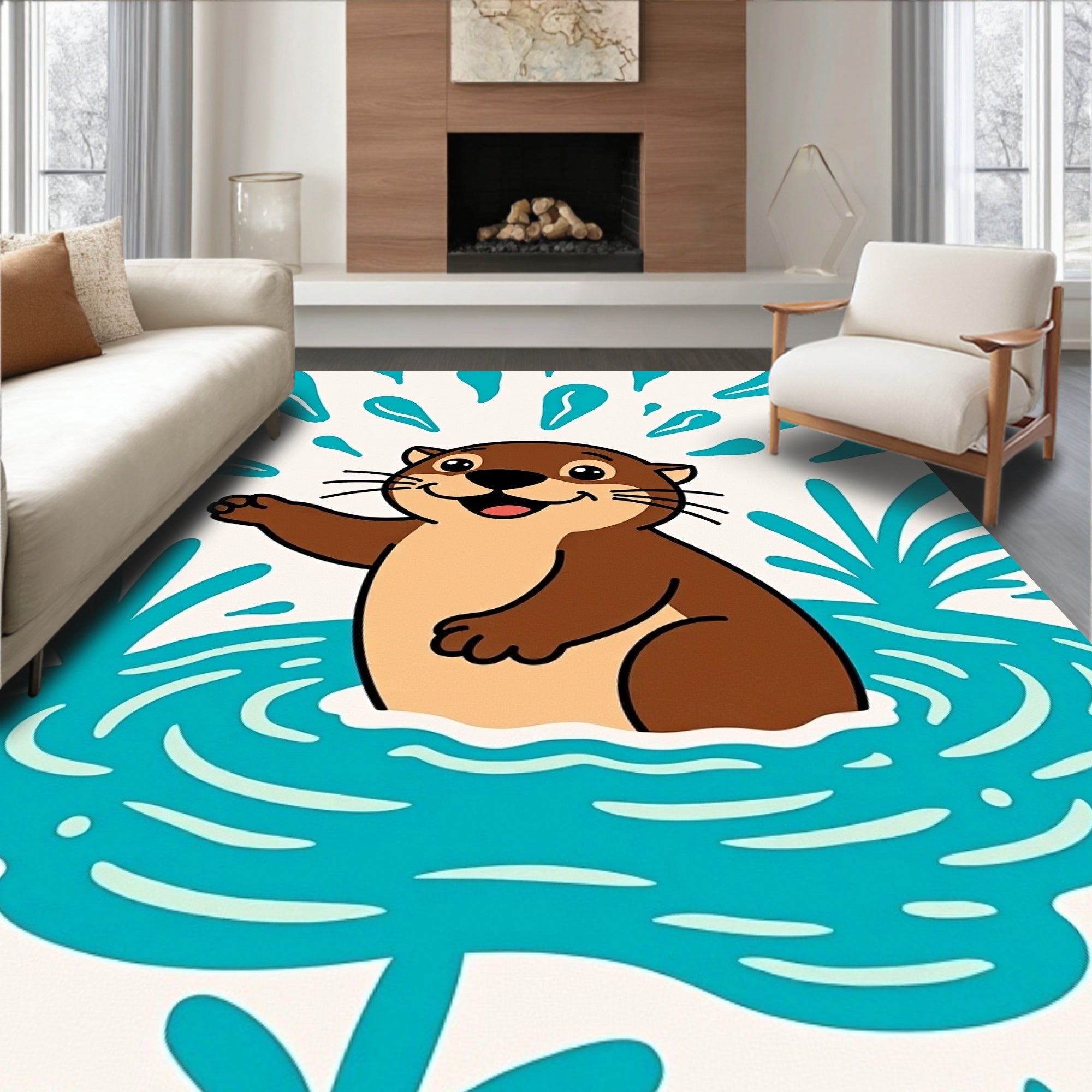 Playful Otter Splashing Water Illustration Rug