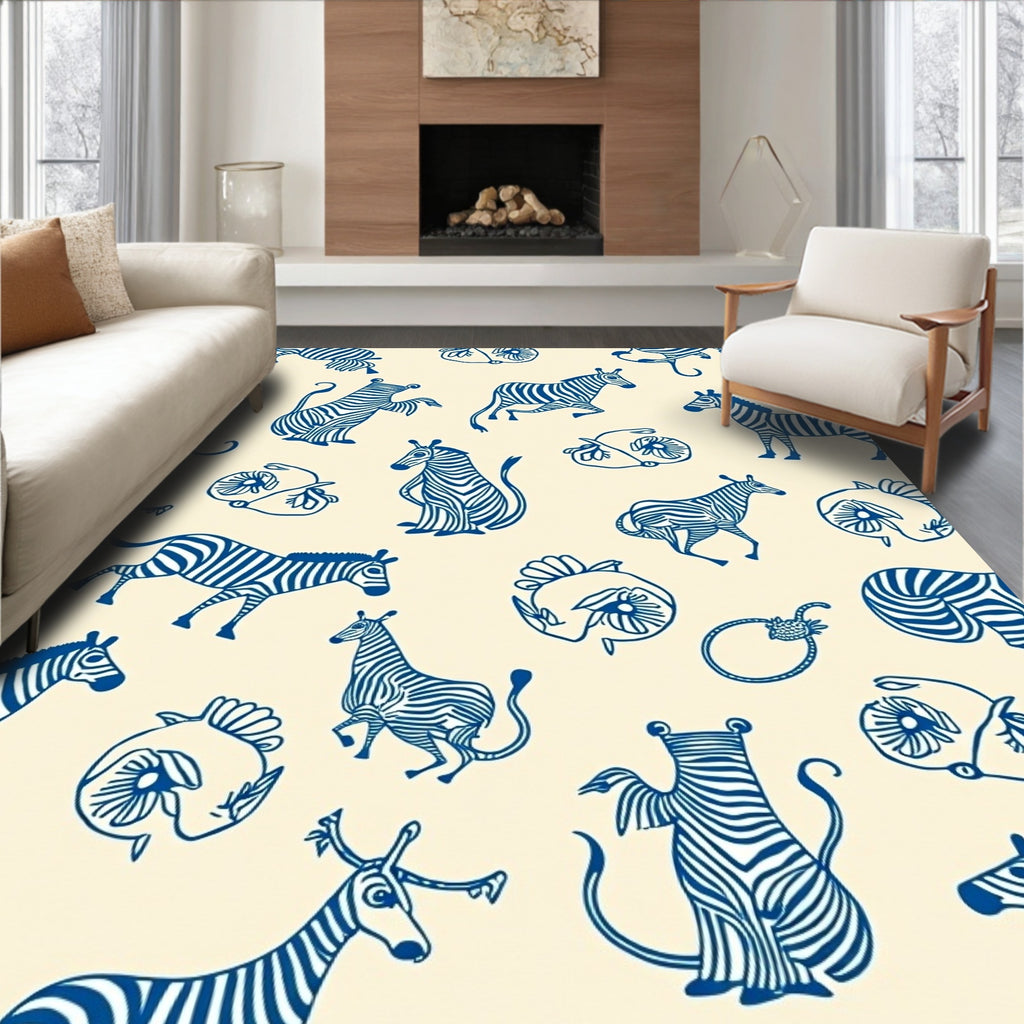 Classic Blue Zebra Illustration Collection Rug