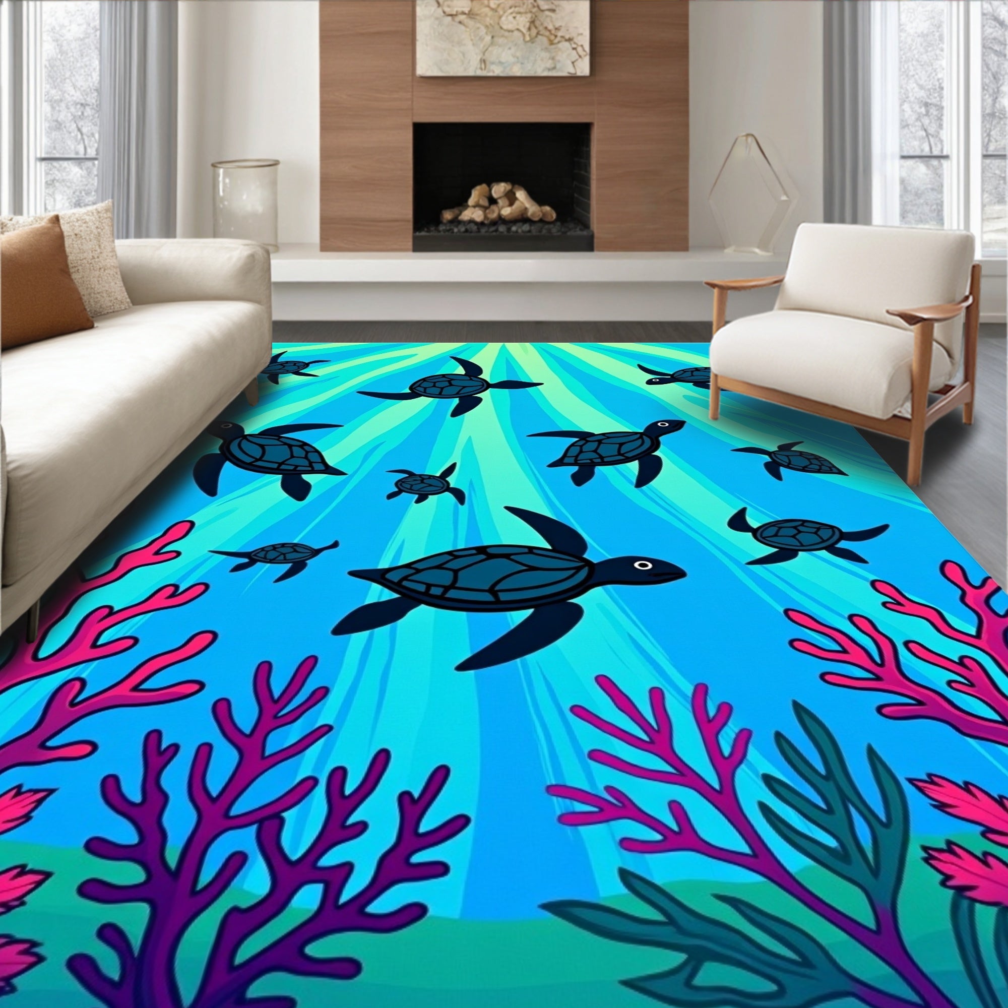 Oceanic Turtles Underwater Coral Rays Rug