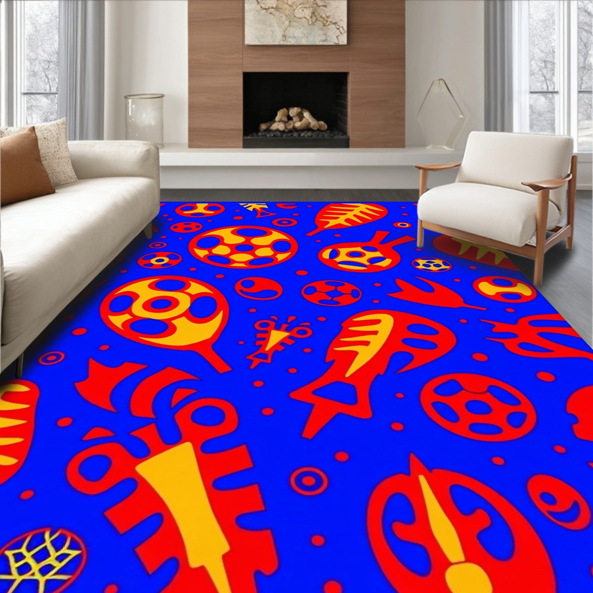 Bold Blue Abstract Red Yellow Forms Rug
