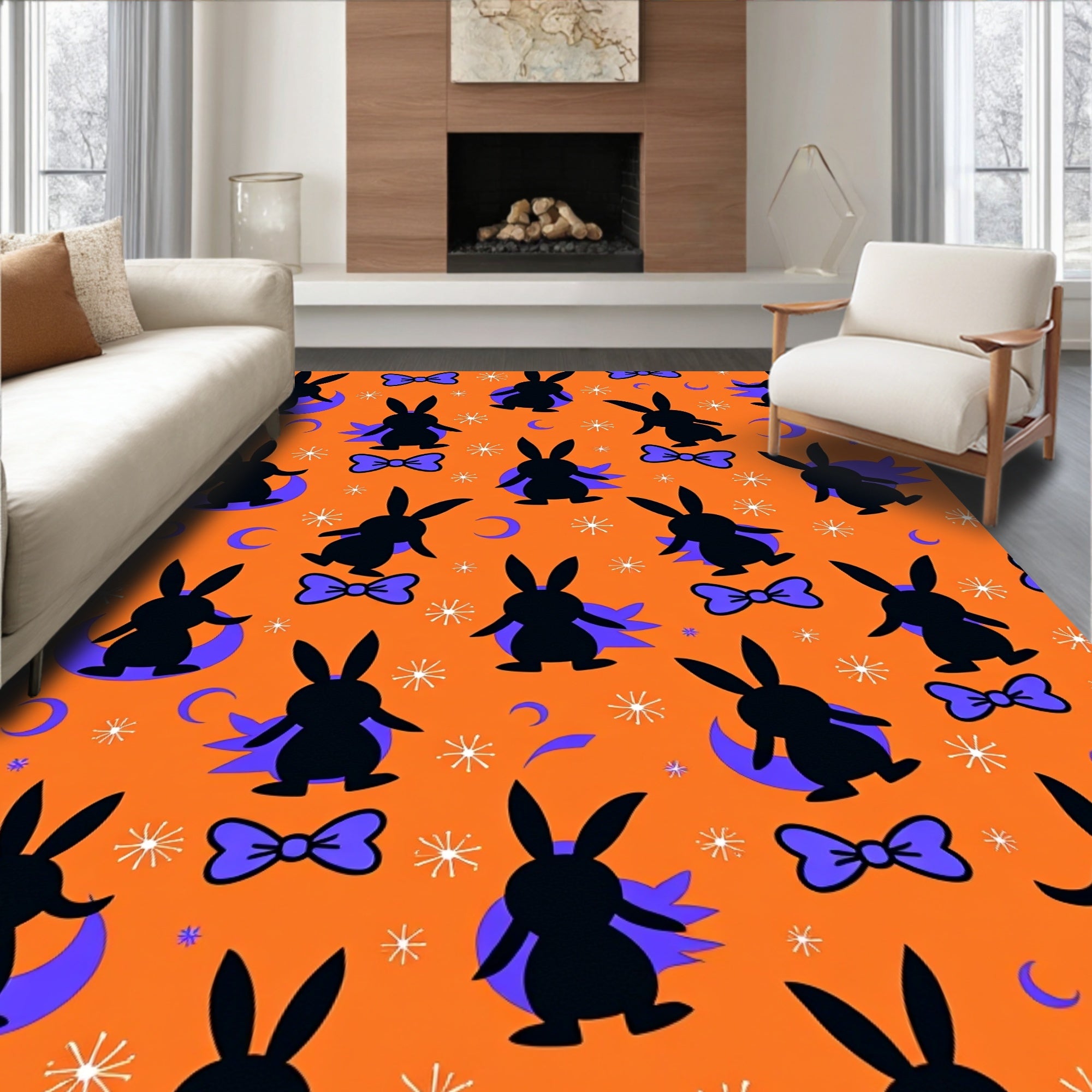 Orange Black Bunny Moon Bowtie Rug
