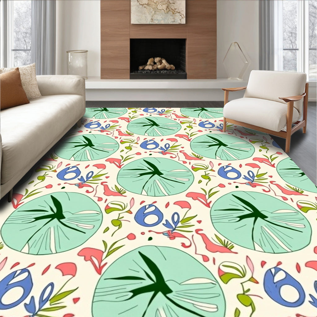 Whimsical Teal Lotus Floral Scatter Rug