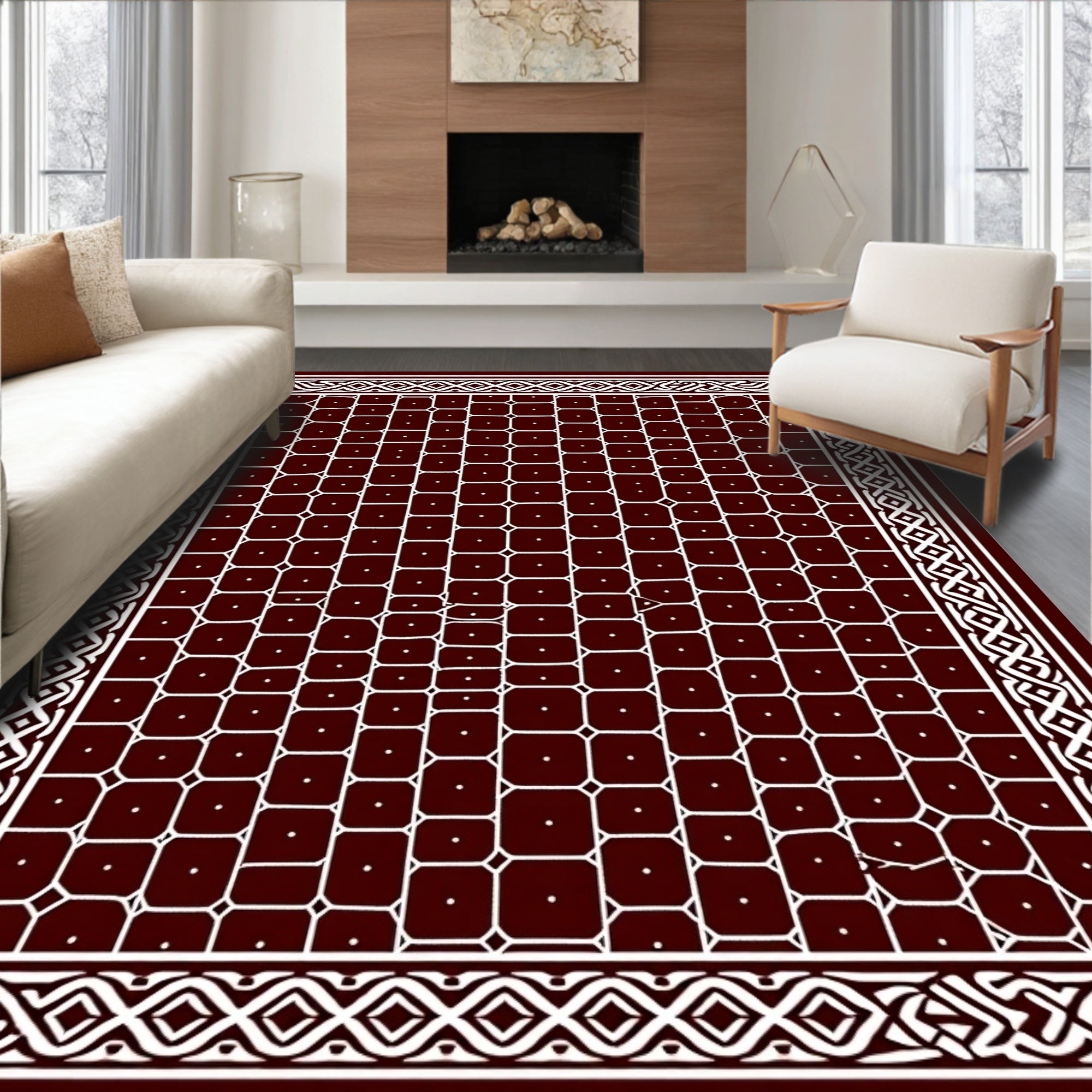 Deep Red White Geometric Lattice Rug