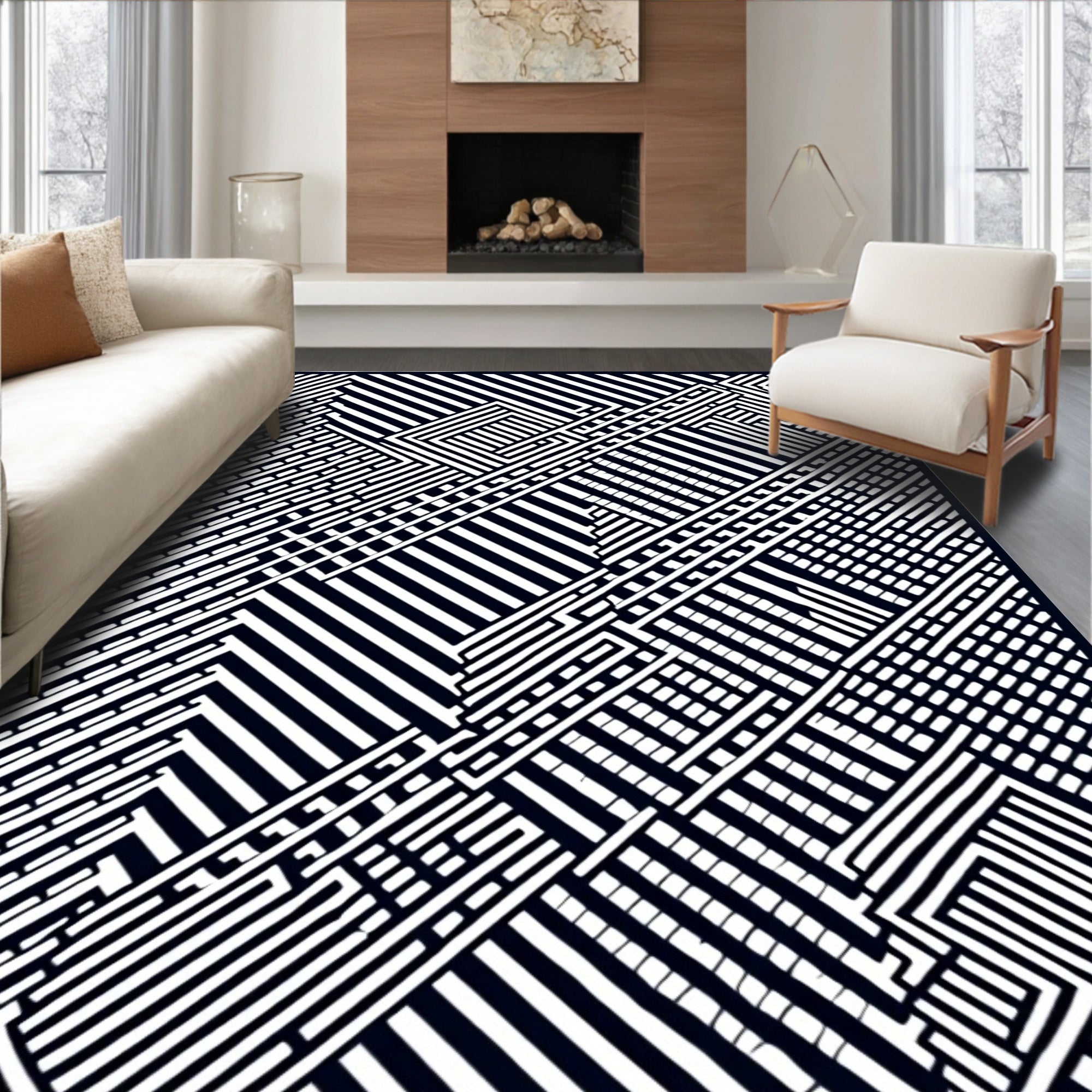 Onyx White Interlocking Lines Rug