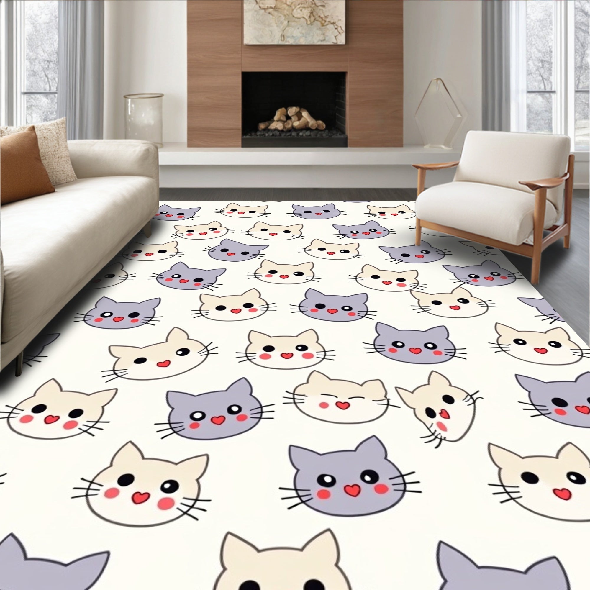 Kawaii Cream Gray Cats Face Collection Rug