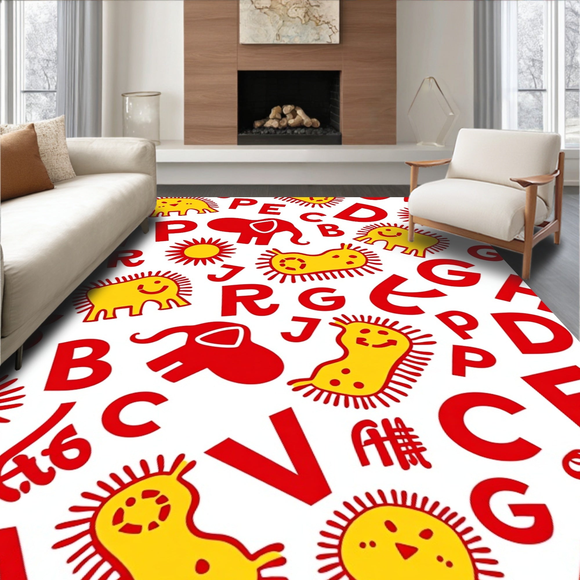 Whimsical Red Alphabet Animal Sun Rug