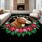 Festive Brown Cow Red Floral Wreath Rug