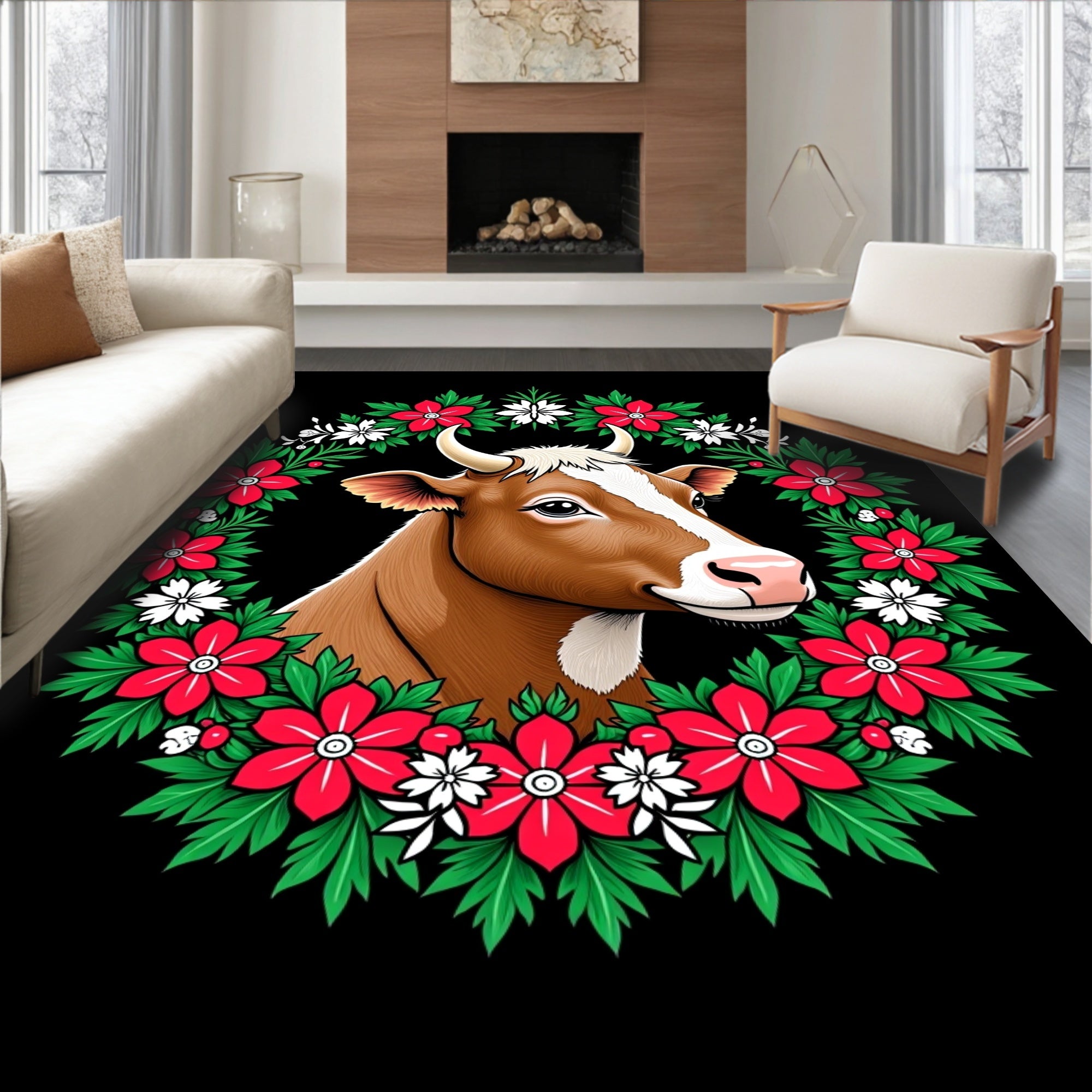 Festive Brown Cow Red Floral Wreath Rug