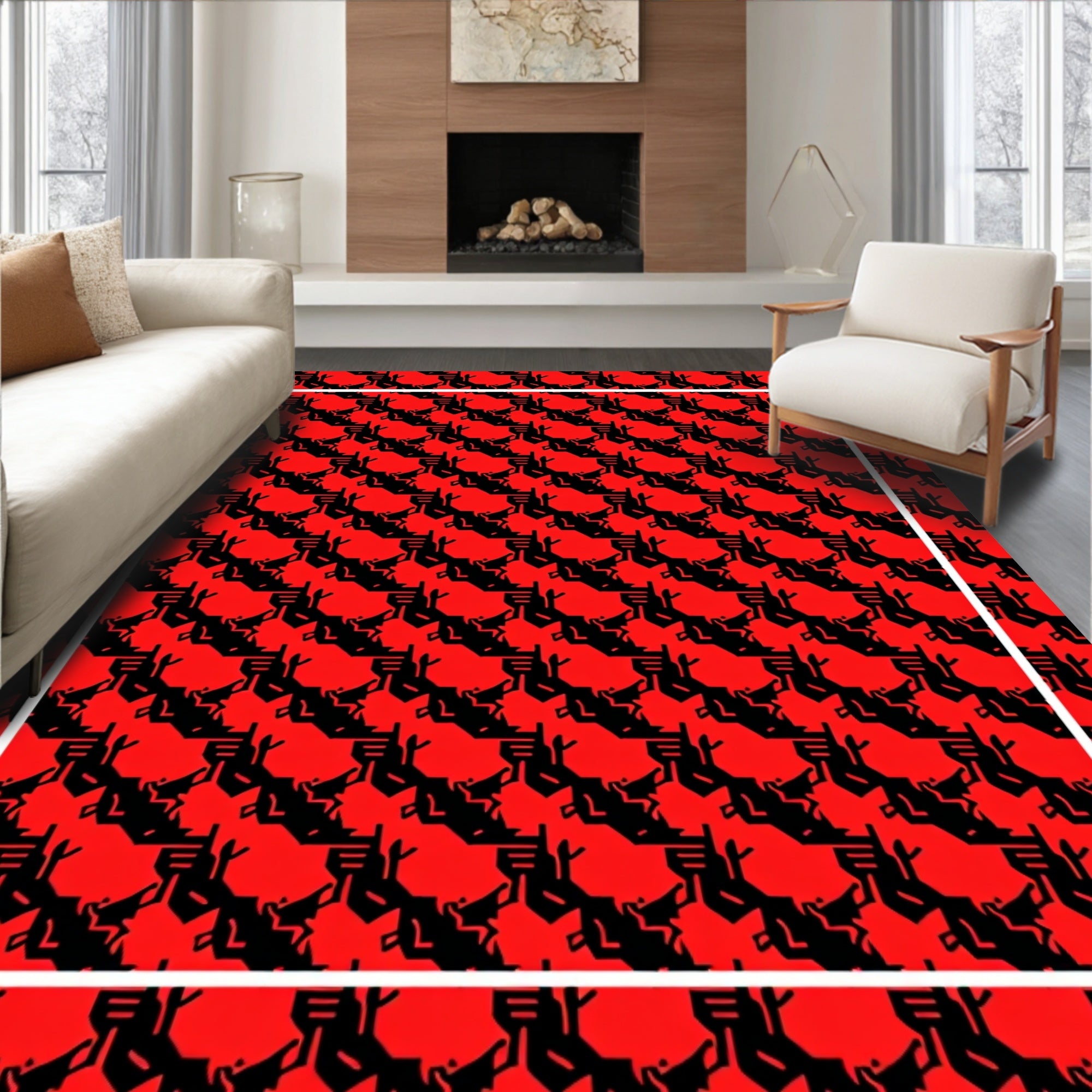 Bold Red Interlocking Geometric Shape Rug