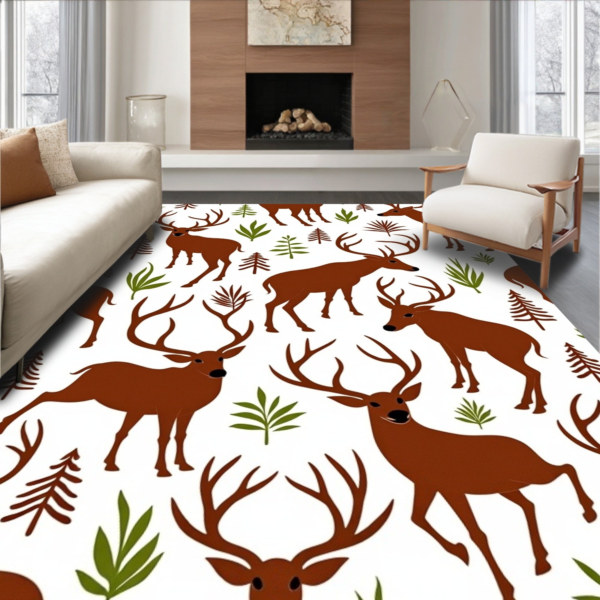 Rustic Woodland Deer Forest Scene Rug