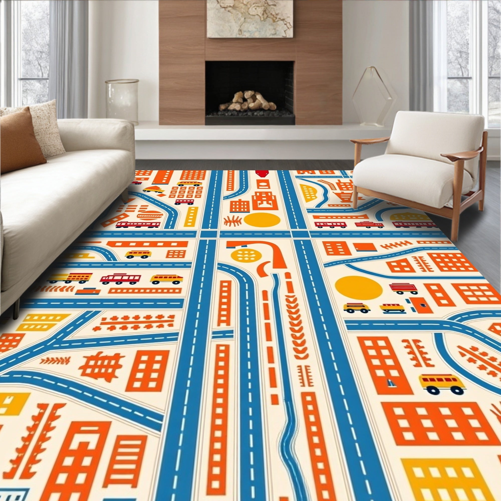 Cityscape Orange Blue Transportation Rug