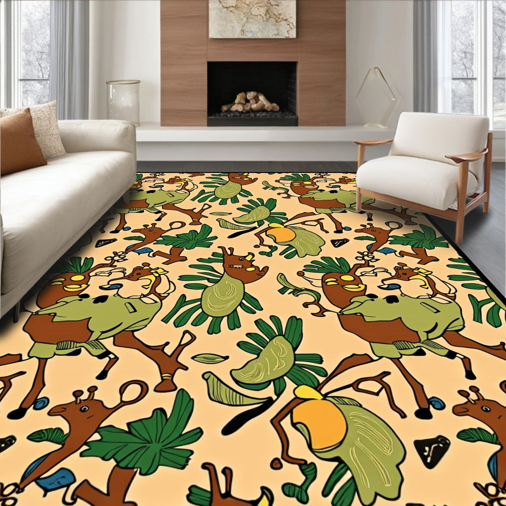 Whimsical Brown Giraffe Tropical Foliage Rug