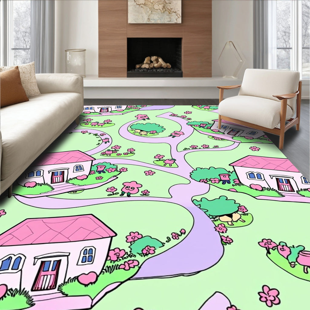 Whimsical Pink Houses and Flowers Scene Rug