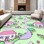 Whimsical Pink Houses and Flowers Scene Rug