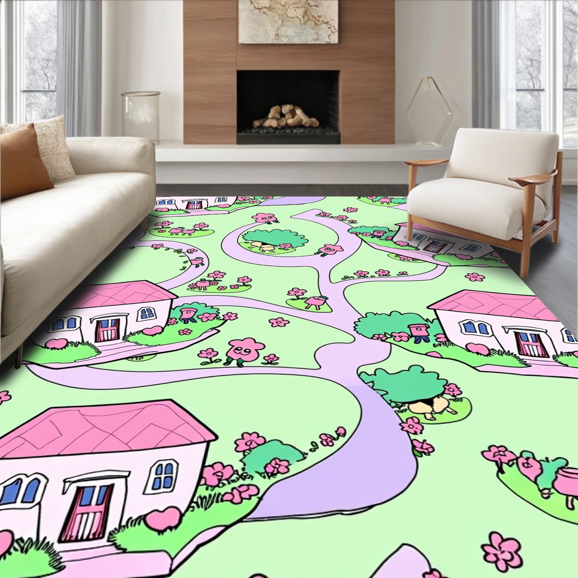Whimsical Pink Houses and Flowers Scene Rug
