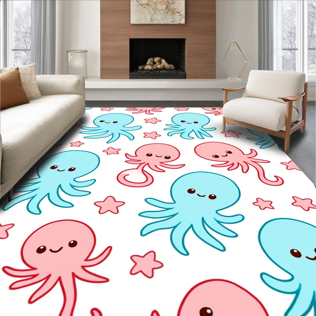 Cute Blue and Pink Octopus Stars Rug