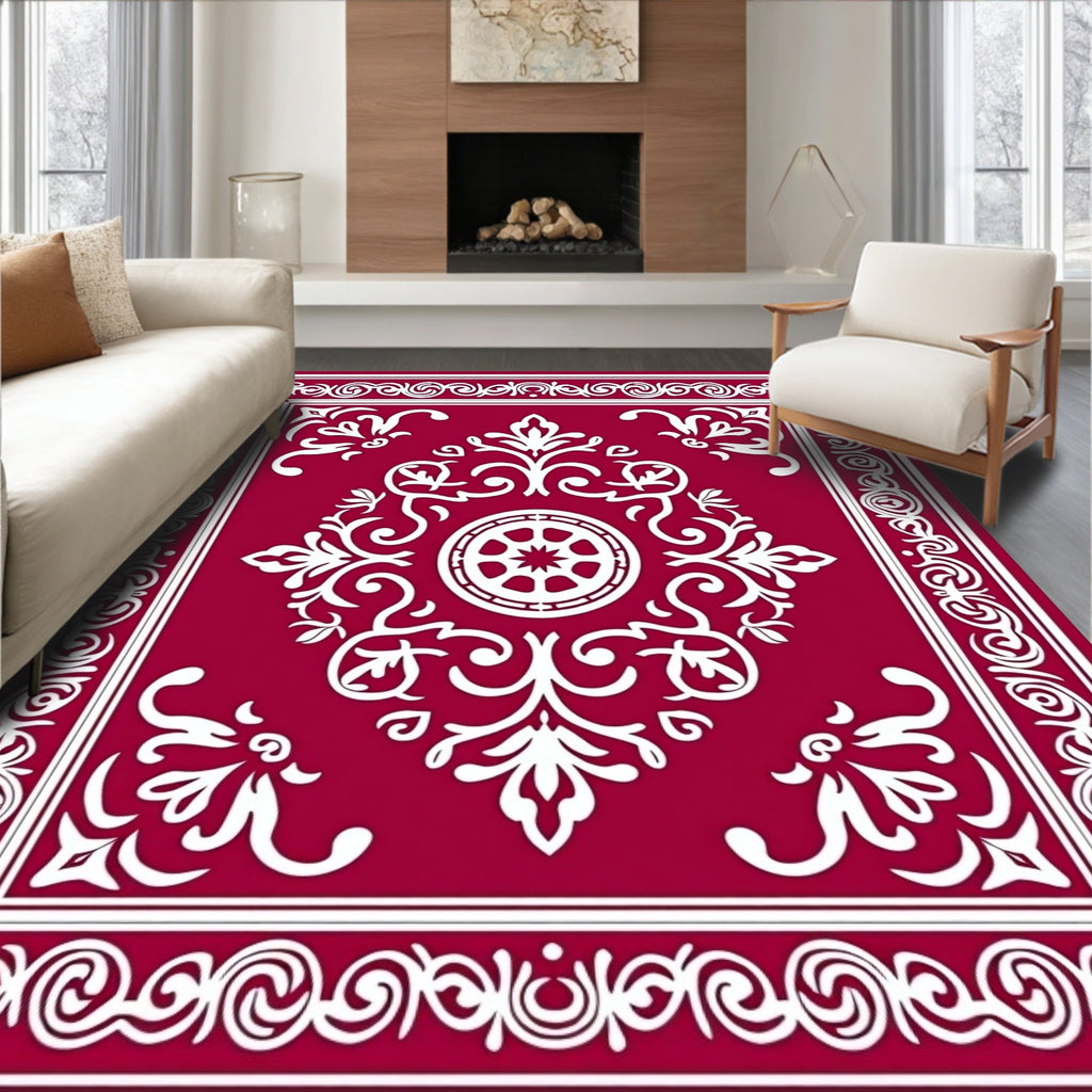 Deep Red White Ornate Ornamental Medallion Rug