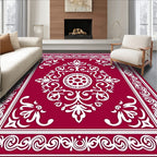 Deep Red White Ornate Ornamental Medallion Rug