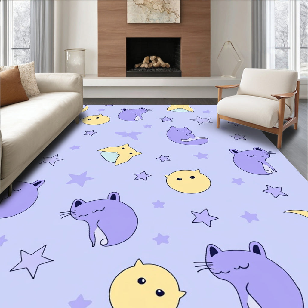 Sweet Purple Cat Starry Moon Rug