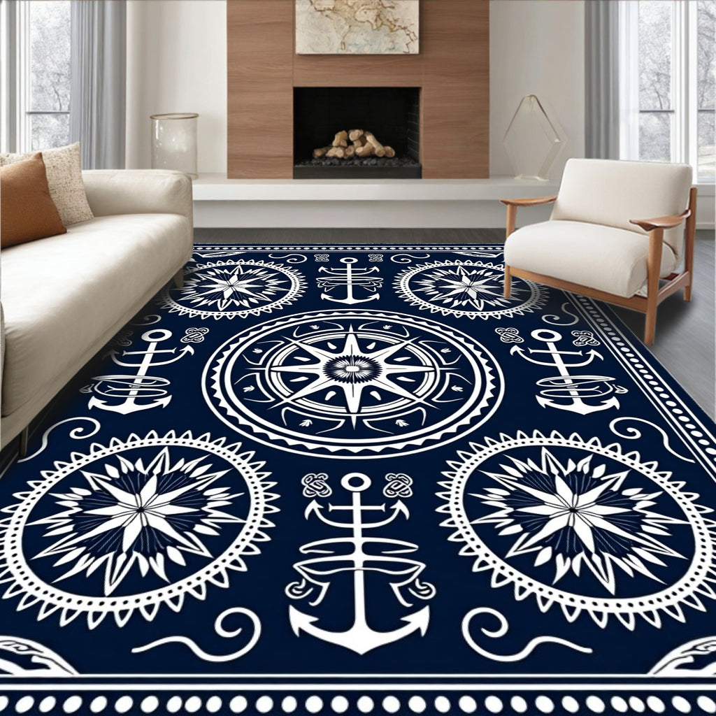 Navy White Nautical Compass Rose Anchor Rug