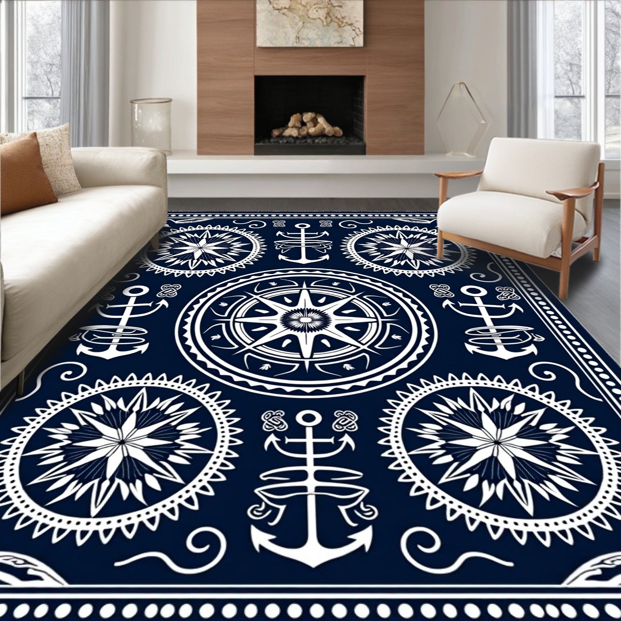 Navy White Nautical Compass Rose Anchor Rug