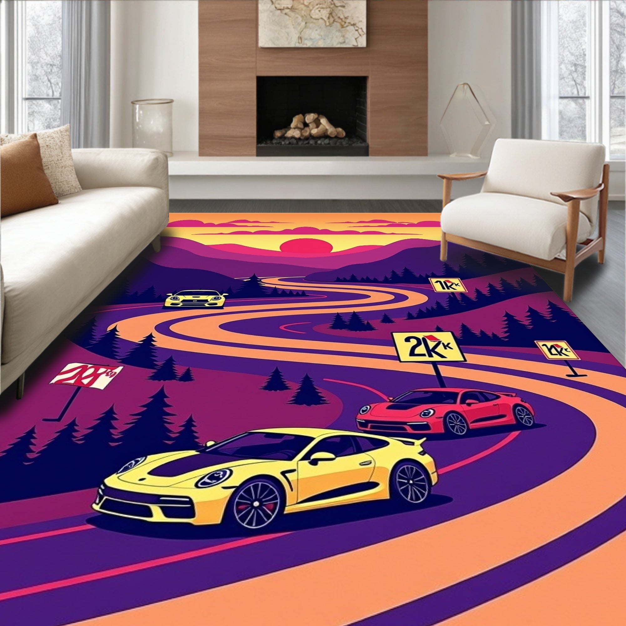 Road Trip Sunset Mountain Cars Rug