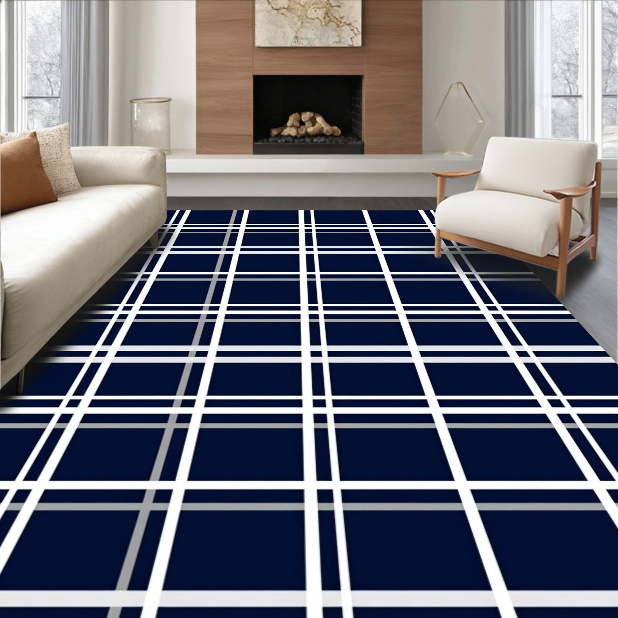 Classic Navy White Plaid Tartan Rug