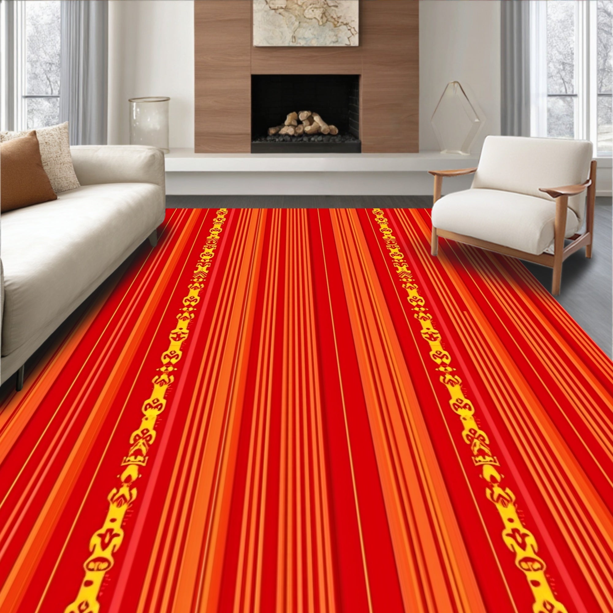 Red Orange Yellow Striped Emblem Rug