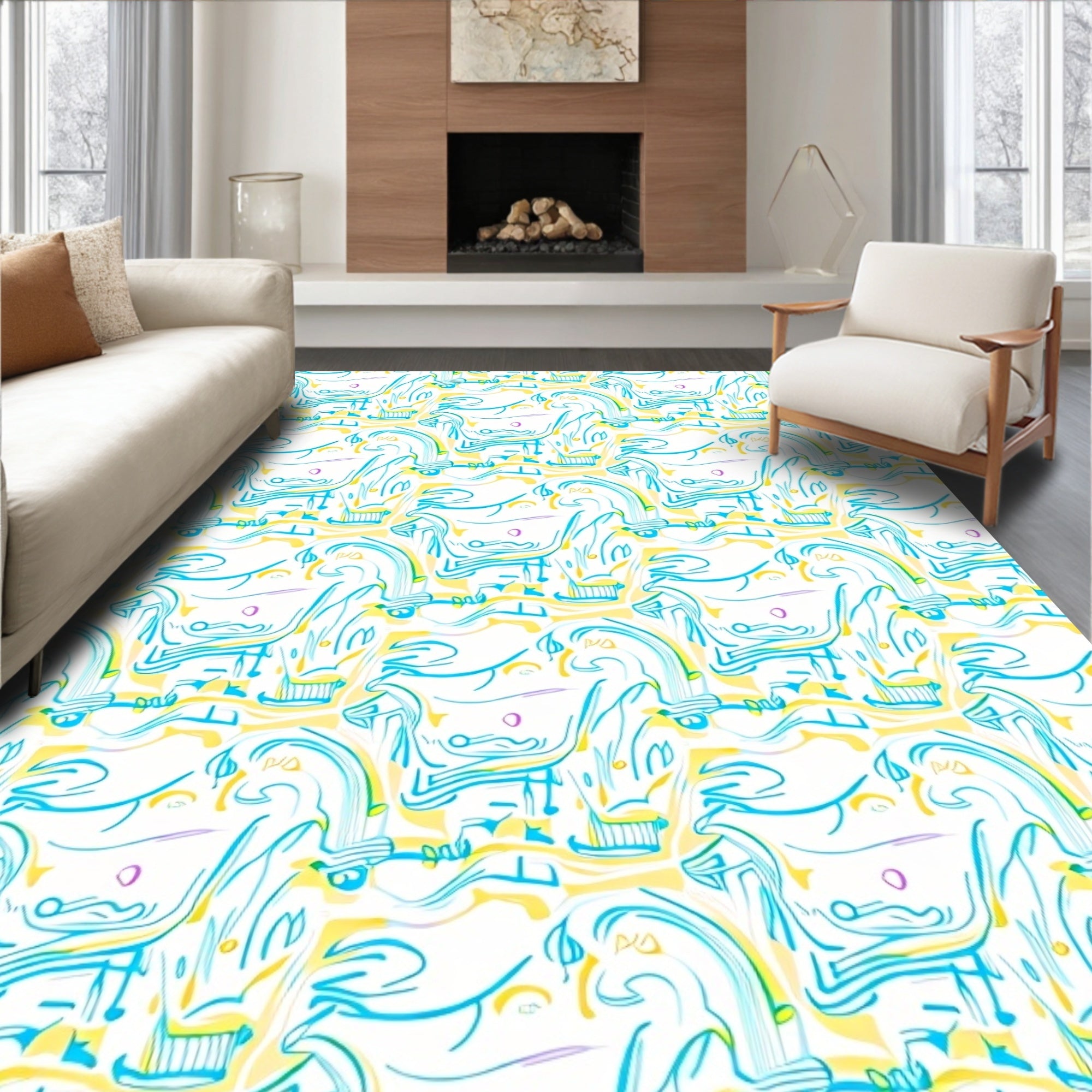 Abstract Blue Yellow Swirl Ribbon Rug