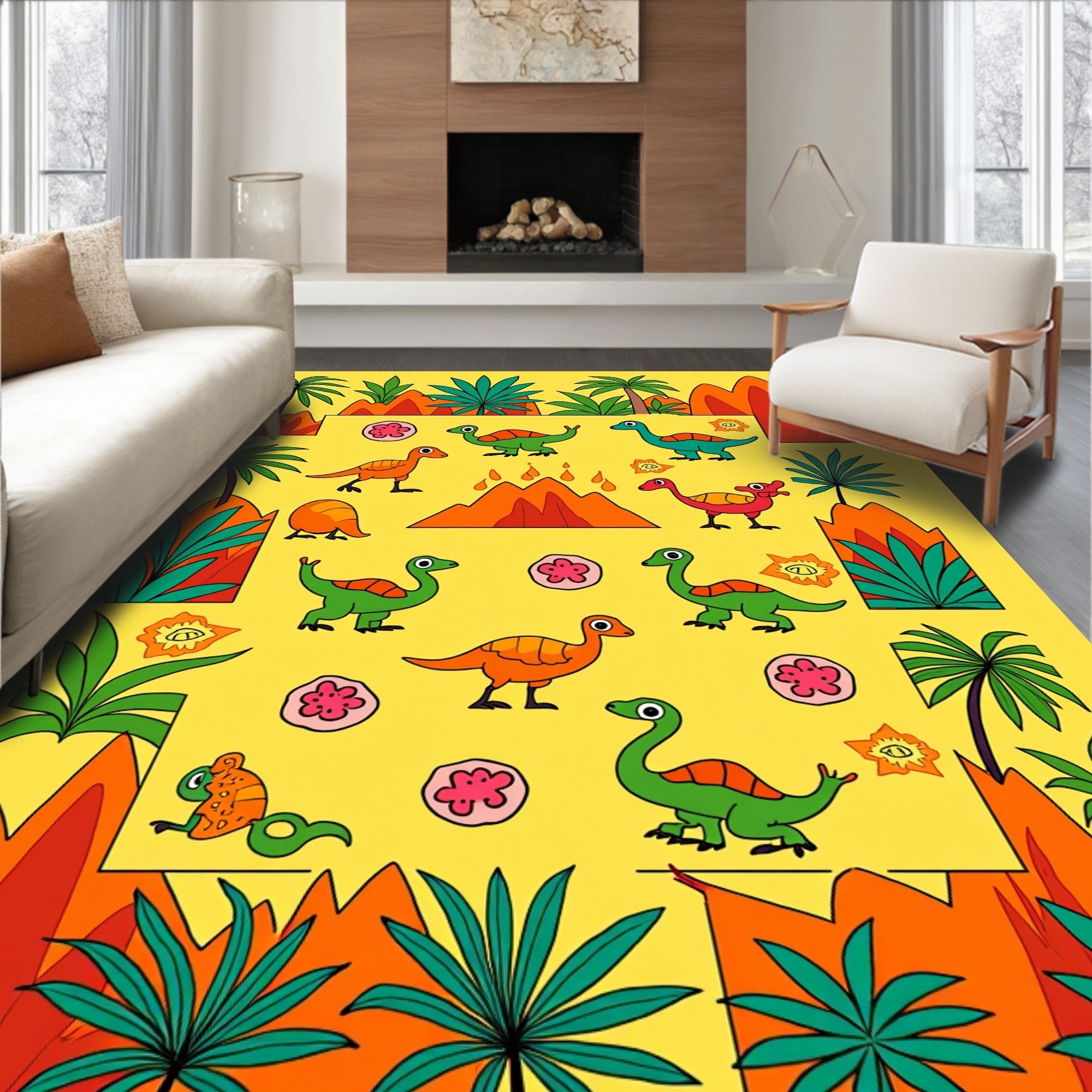 Jungle Dinosaurs And Palm Trees Rug