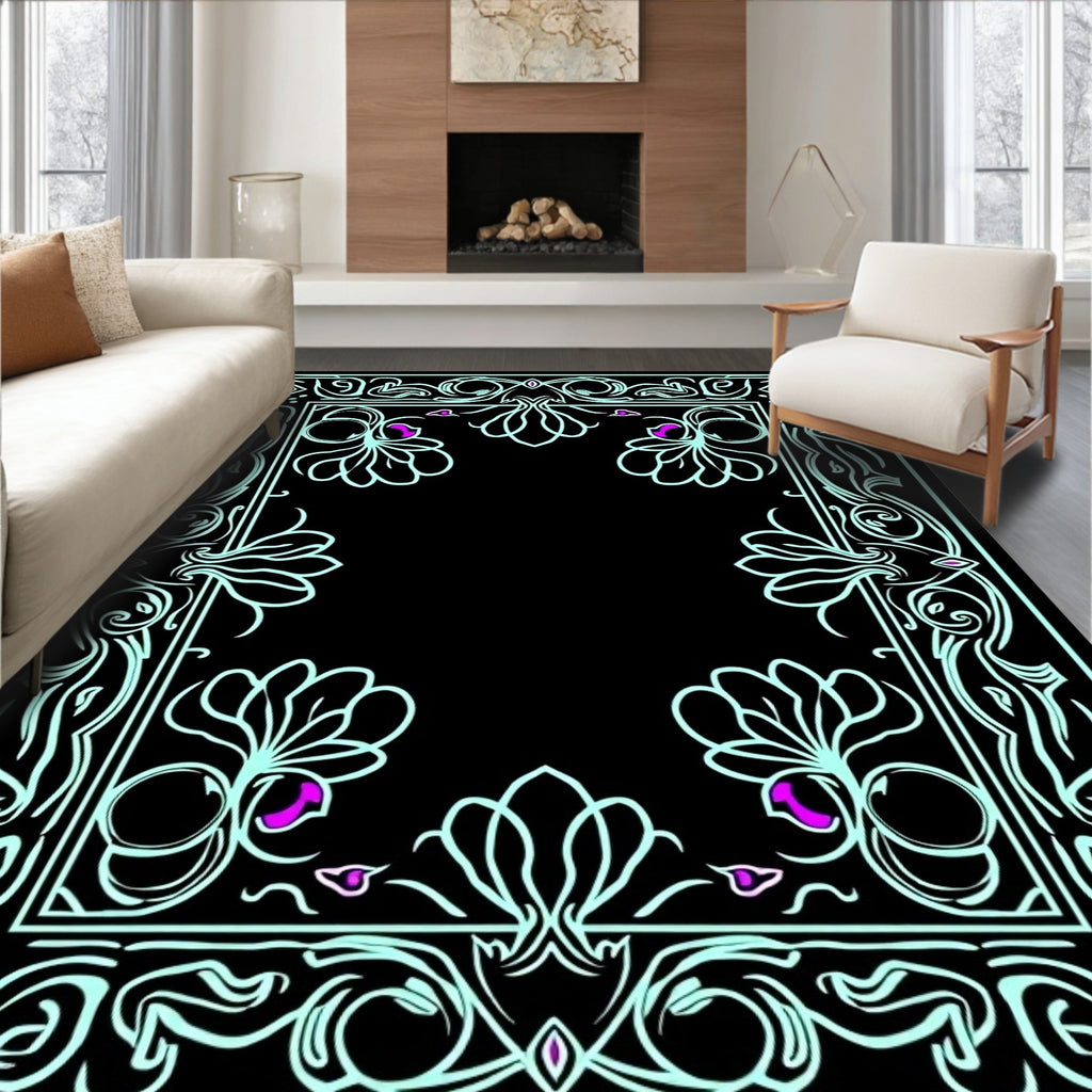 Art Nouveau Floral Frame Black Rug