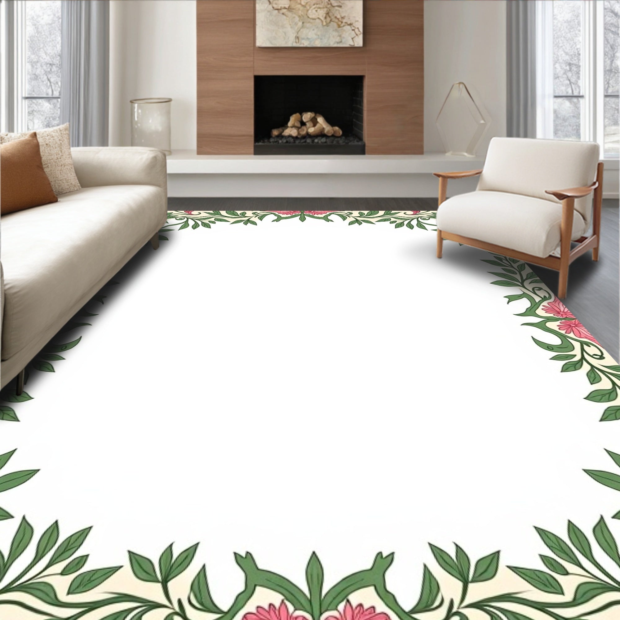 Victorian Pink Floral Vine Border Rug