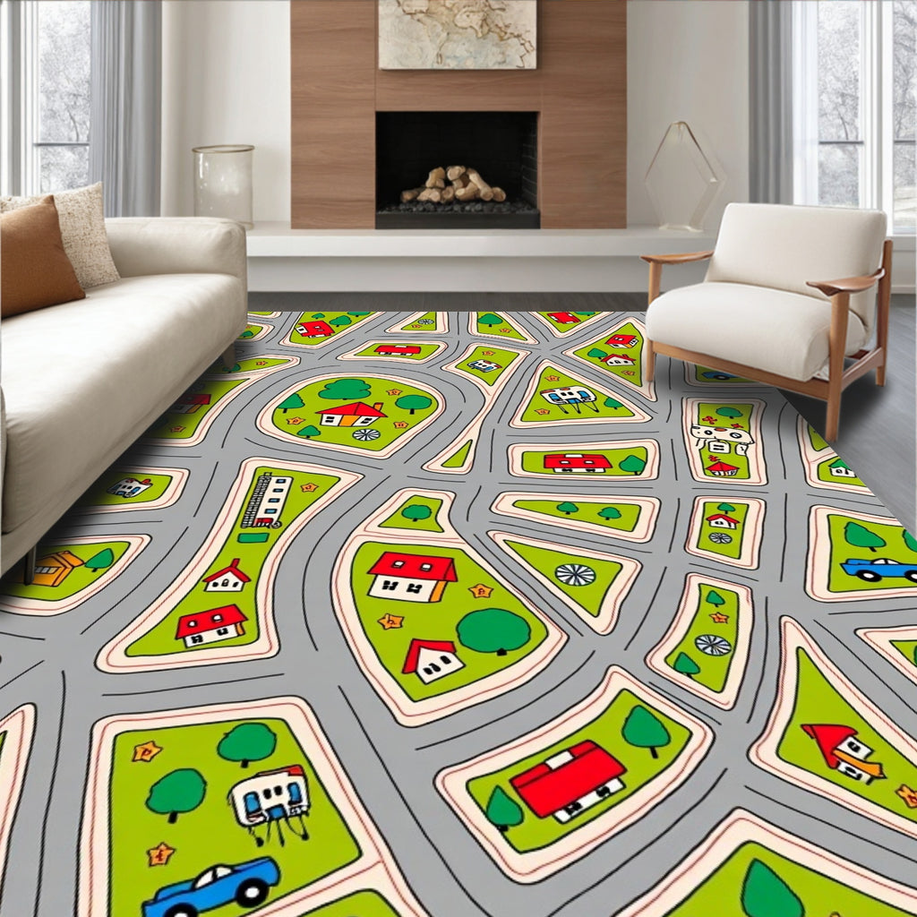 Playful Town Street Scene with Houses Rug