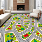 Playful Town Street Scene with Houses Rug