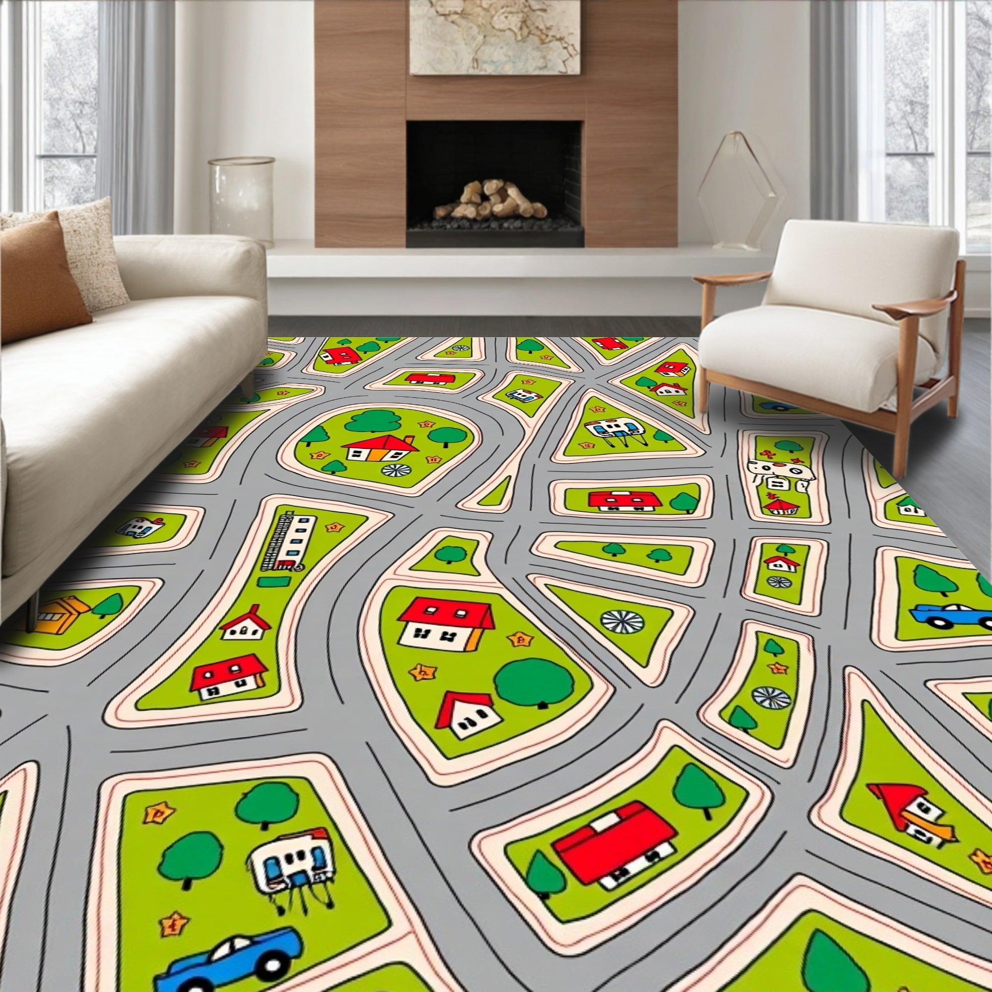 Playful Town Street Scene with Houses Rug