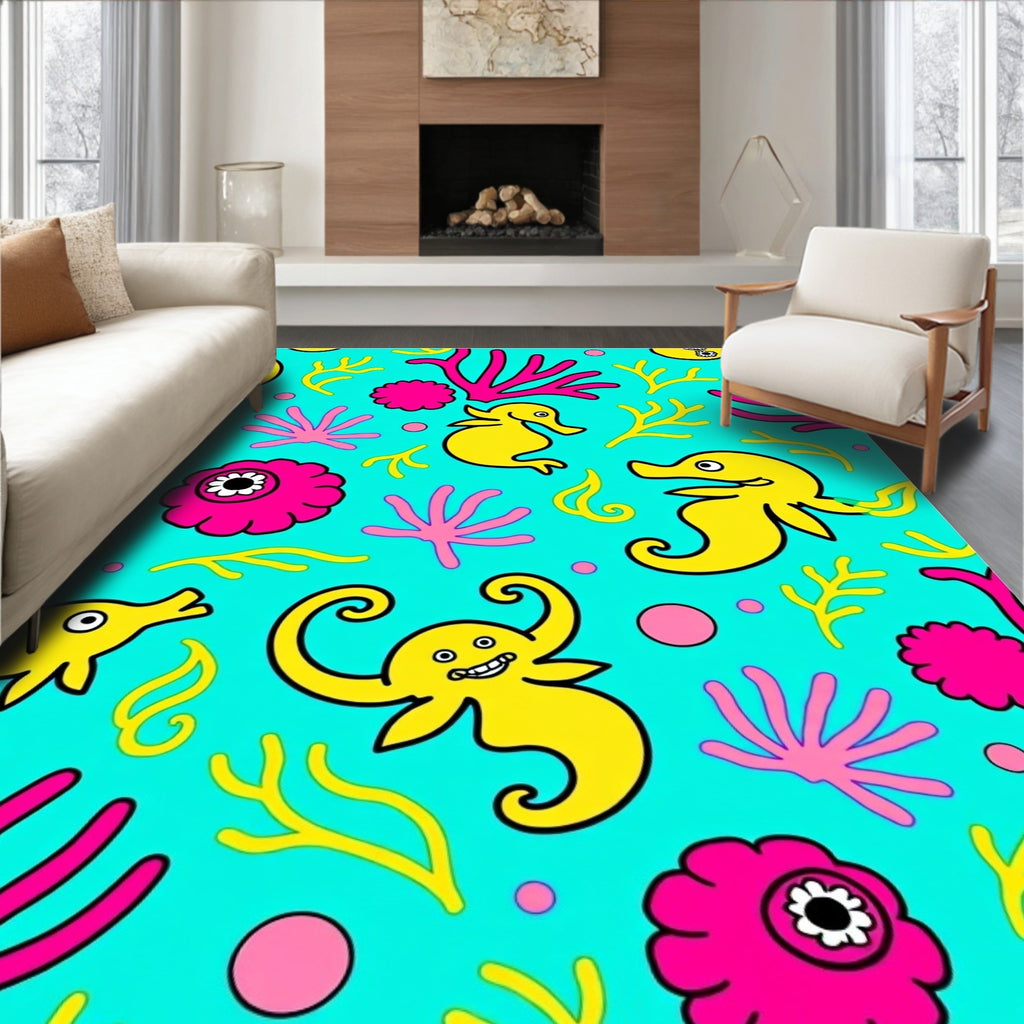 Whimsical Yellow Seahorses Coral Reef Rug