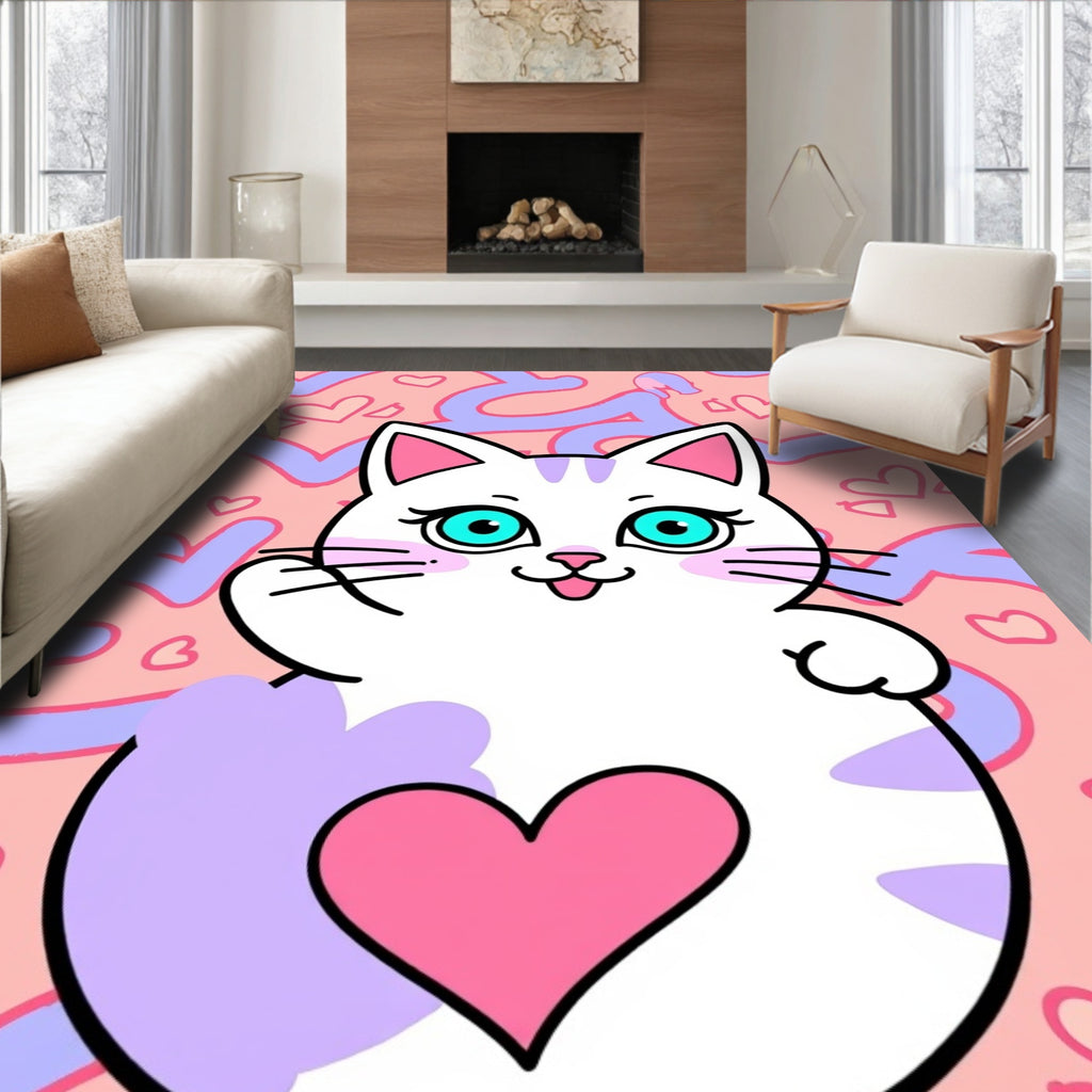 Cute White Cat Pink Heart Background Rug