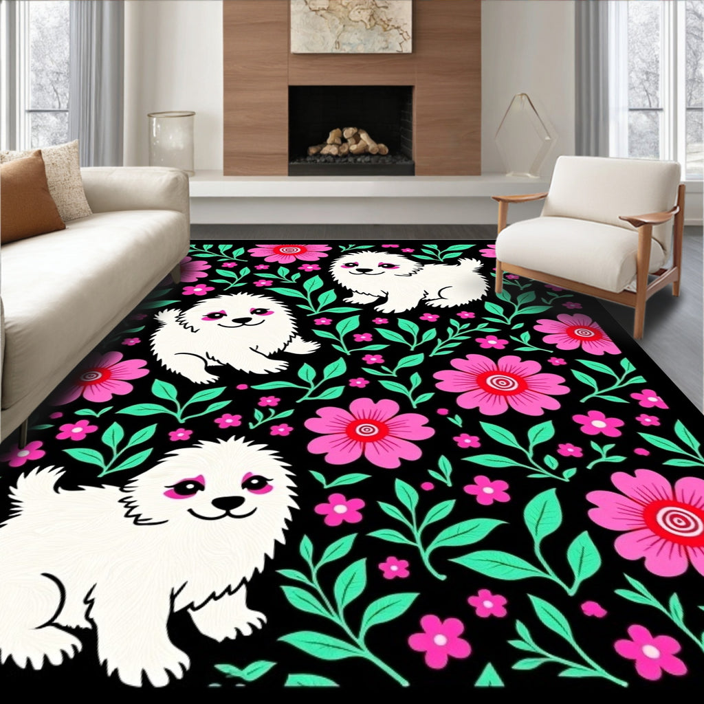 Cute White Pups Floral GardenRug Rug