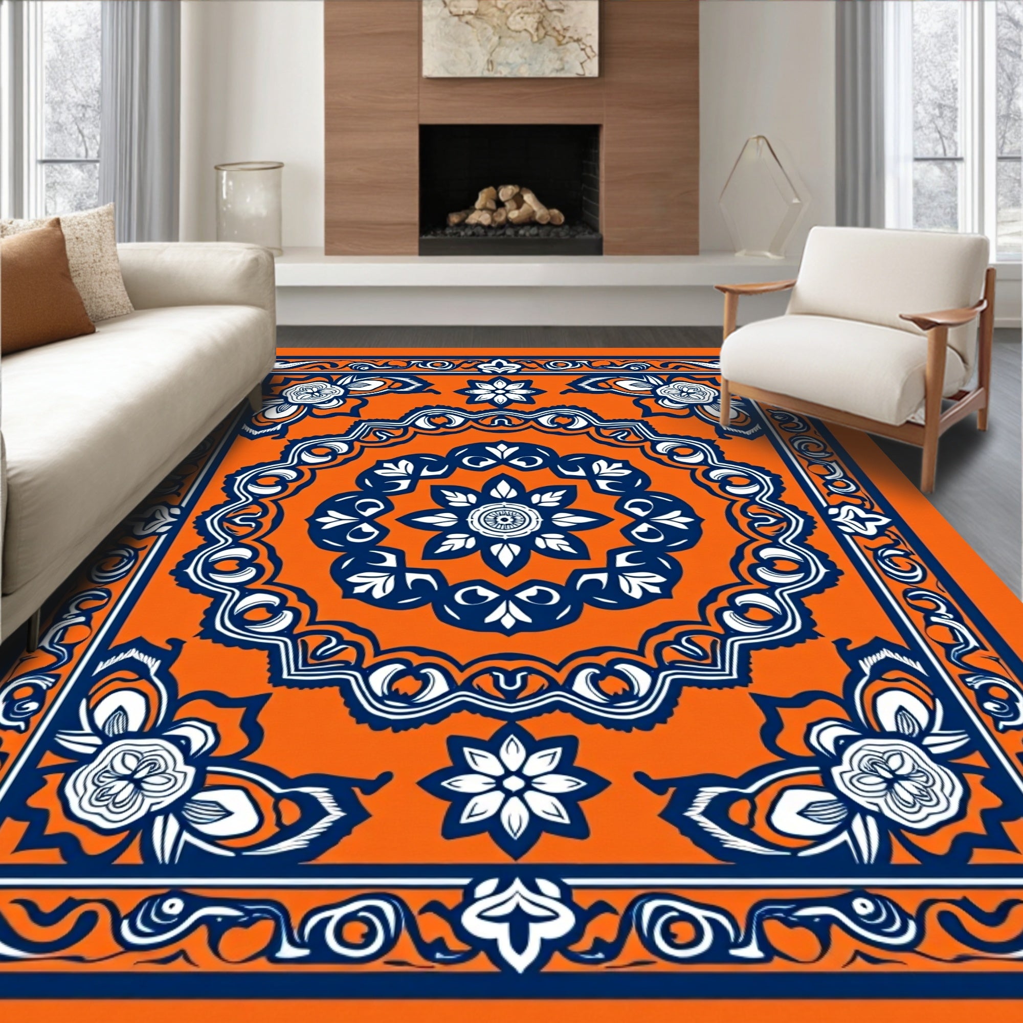 Orange Navy Floral Medallion Border Rug