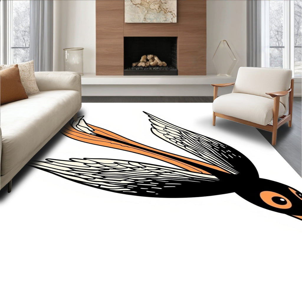 Whimsical Black Orange Bird Flying Whimsically Rug