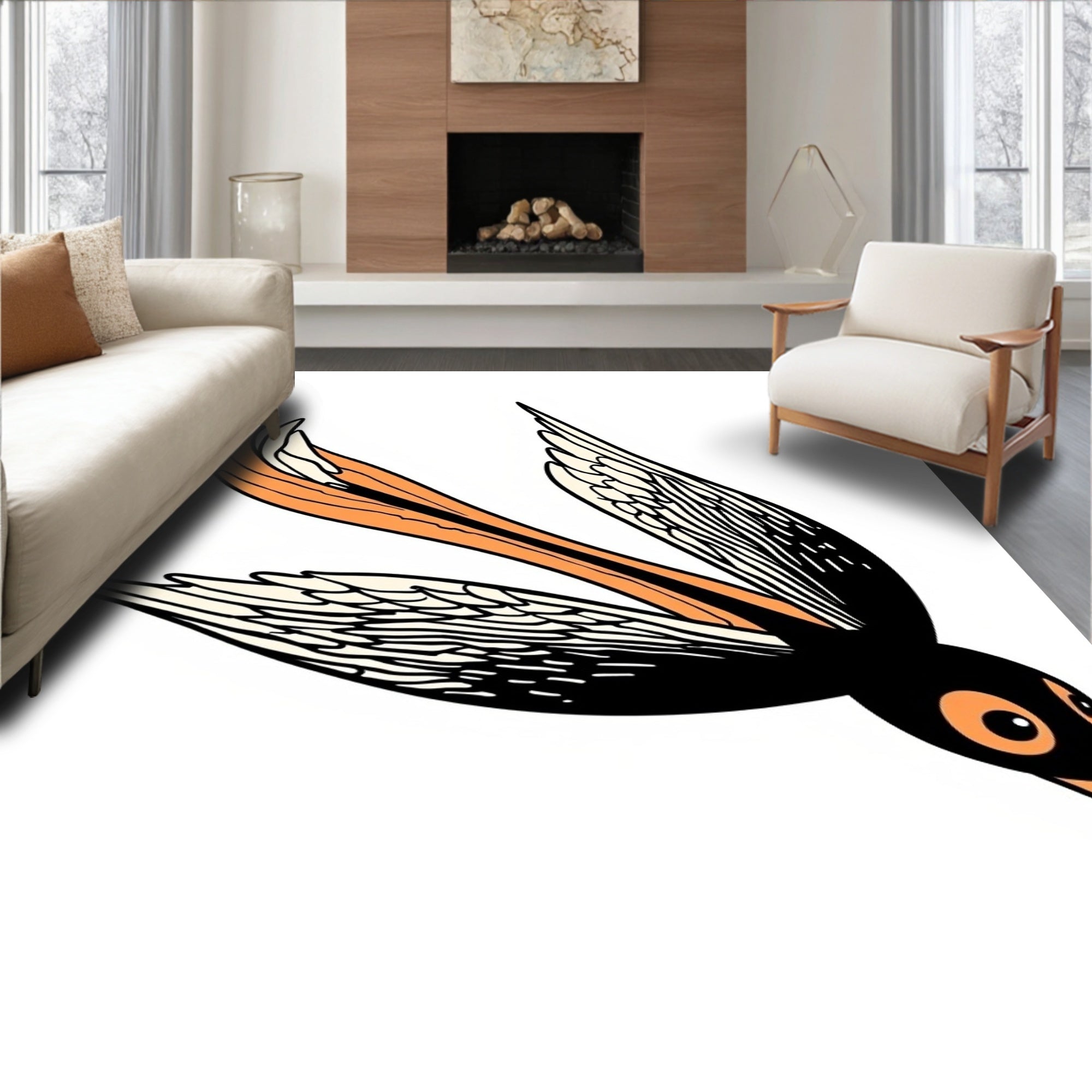 Whimsical Black Orange Bird Flying Whimsically Rug