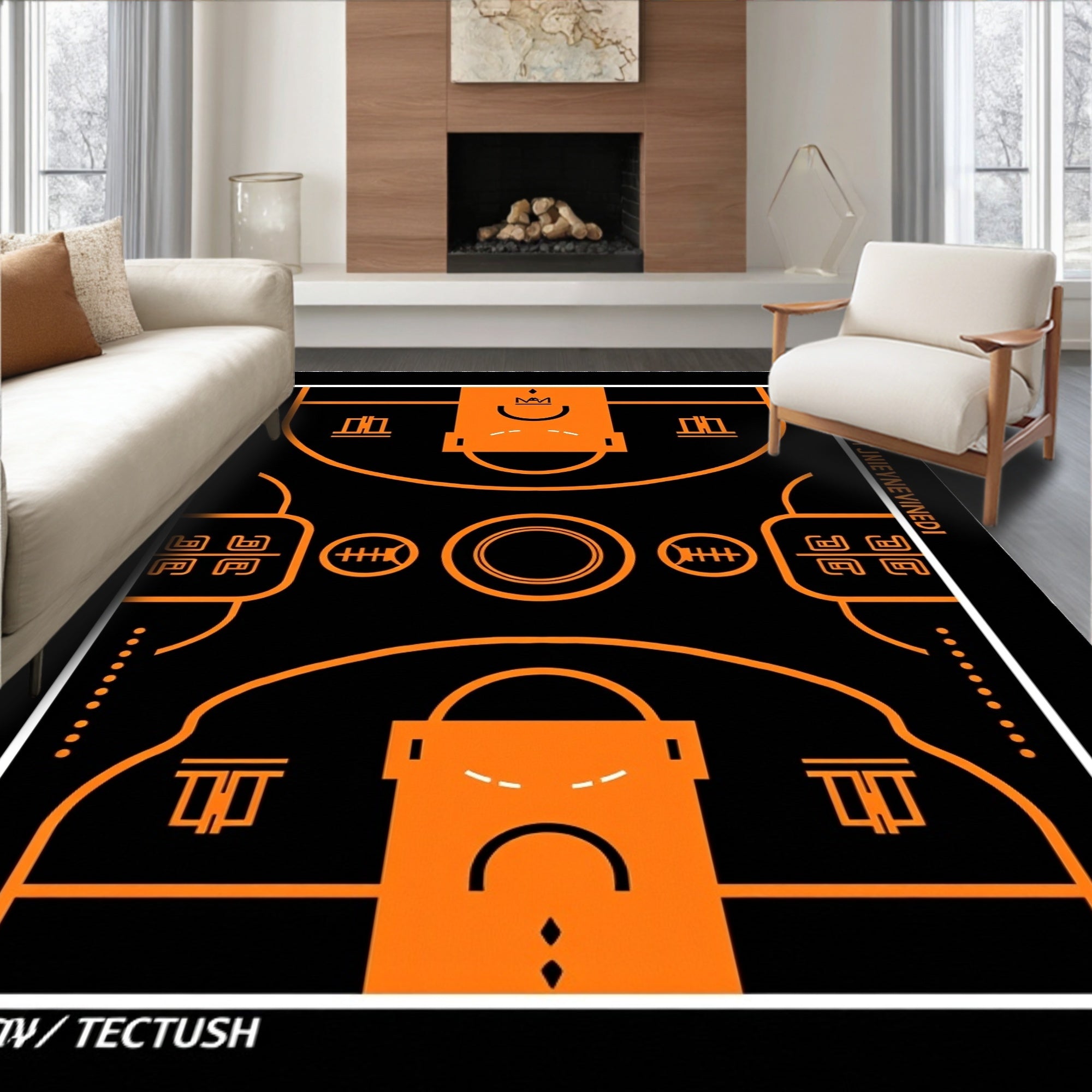 Orange Black Court Abstract Rug
