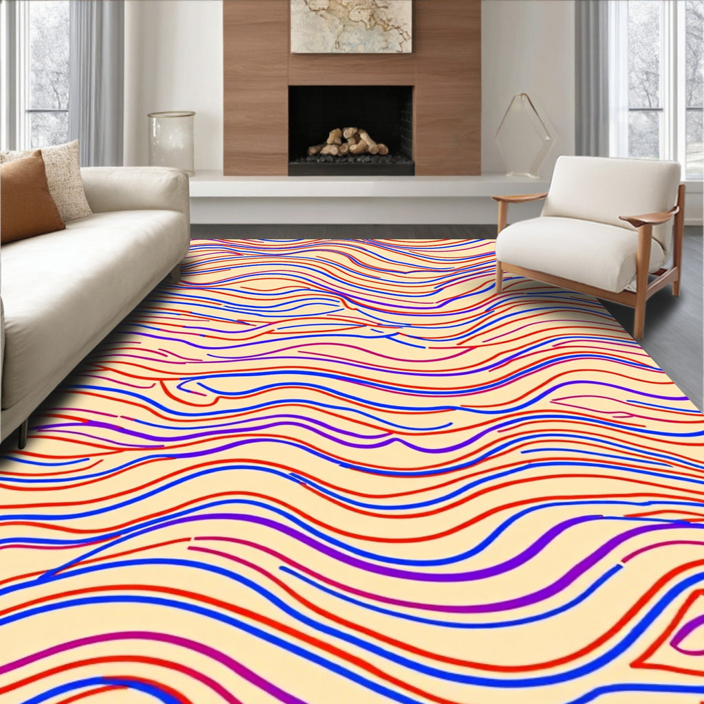 Crimson Blue Wavy Line Abstract Rug