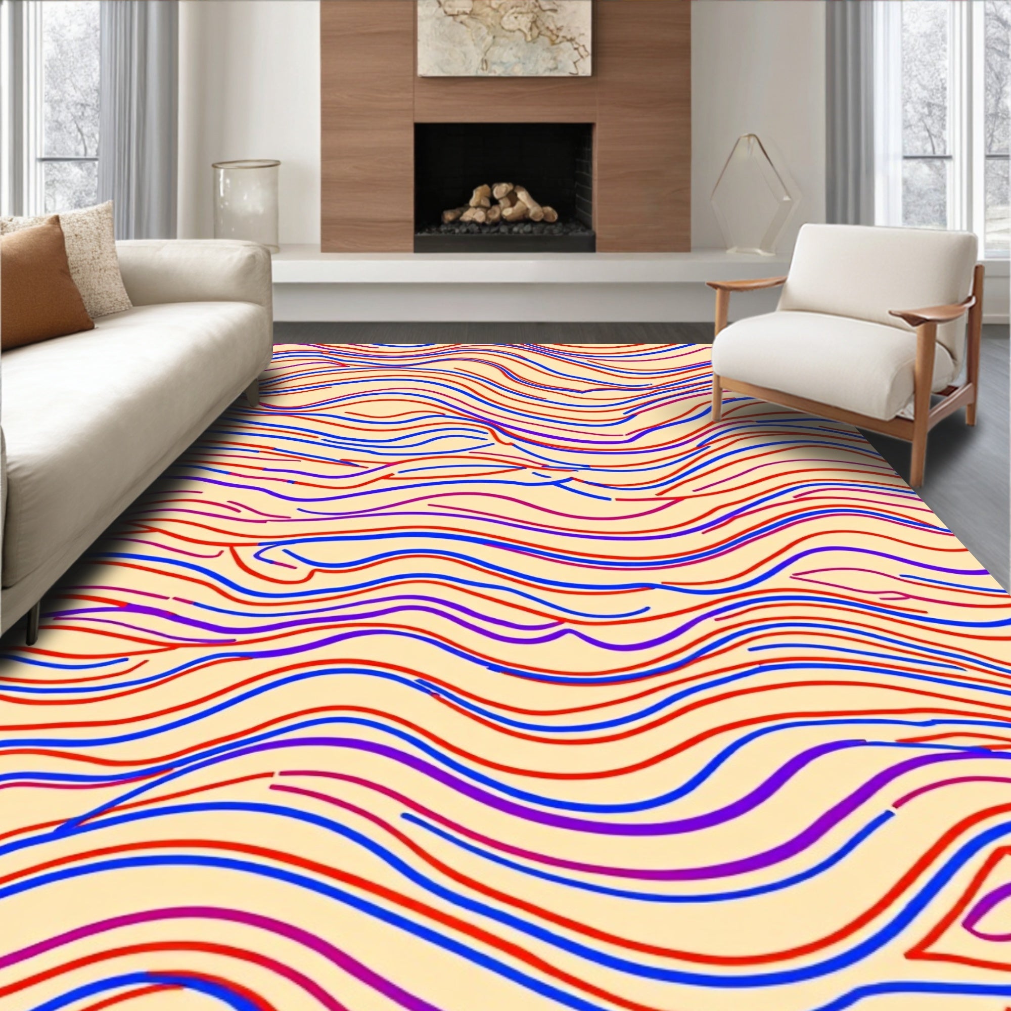 Crimson Blue Wavy Line Abstract Rug
