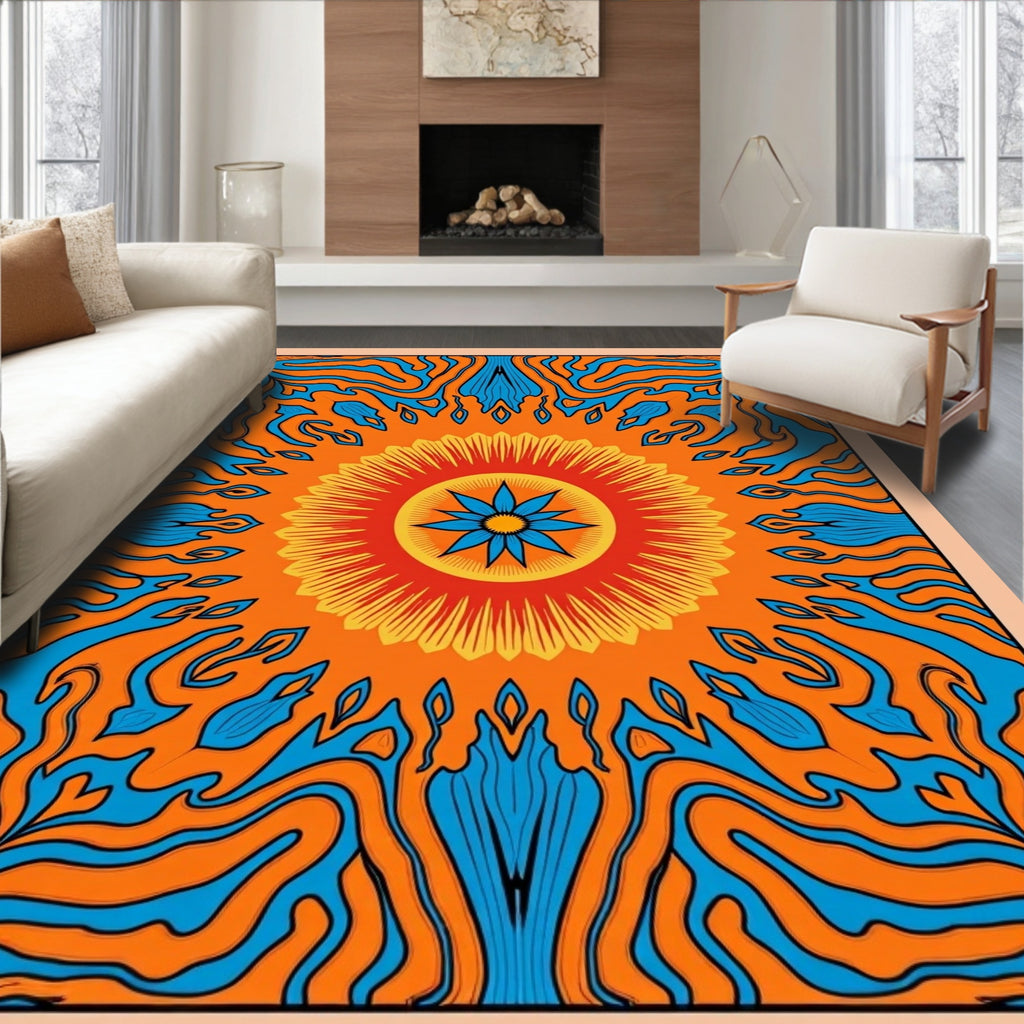 Vibrant Orange Blue Sunburst Mandala Rug
