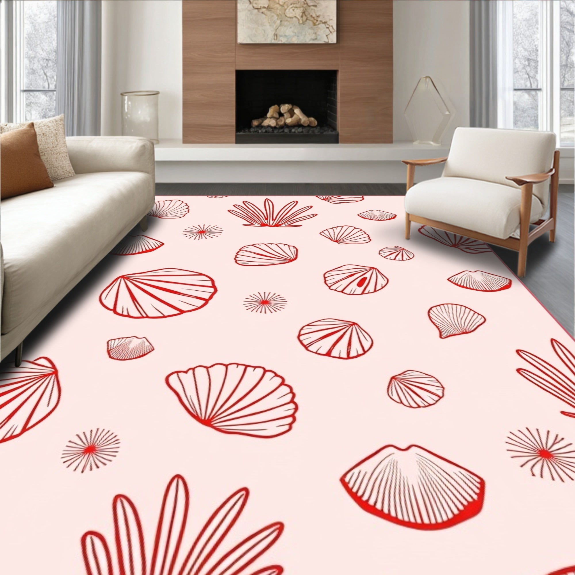 Coral Shells Outline Soft Pink Rug